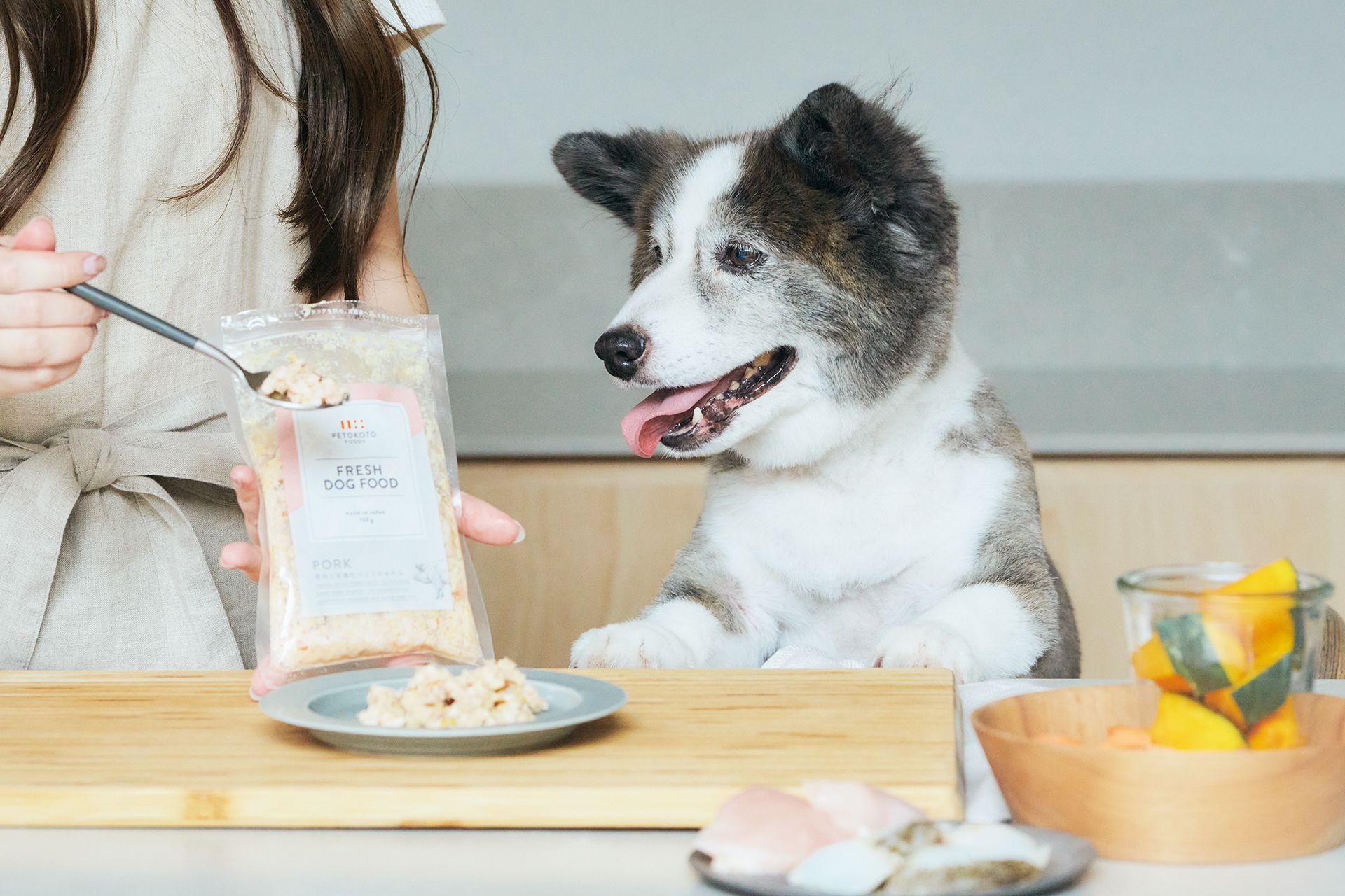 ペトコトフーズ（PETOKOTO FOOD）の冷凍フレッシュタイプをお皿に盛り付けている画像